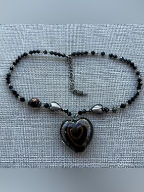 Unica Gothic Romance Glass Heart Necklace With Lampwork Beads 16” Crystal Chain